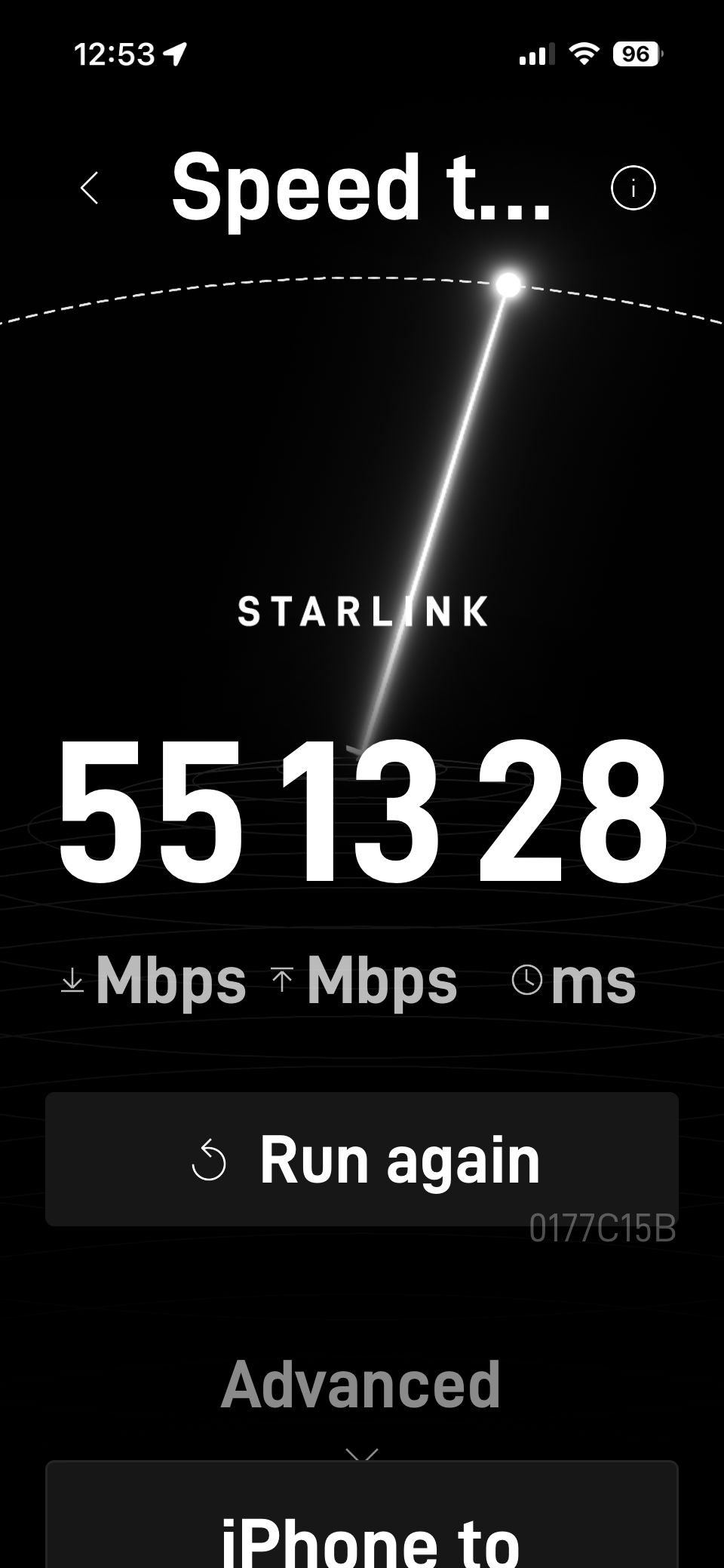Starlink app speed test summary on iPhone showing around 55 Mbps download, 13 Mbps upload, and 28 ms latency.