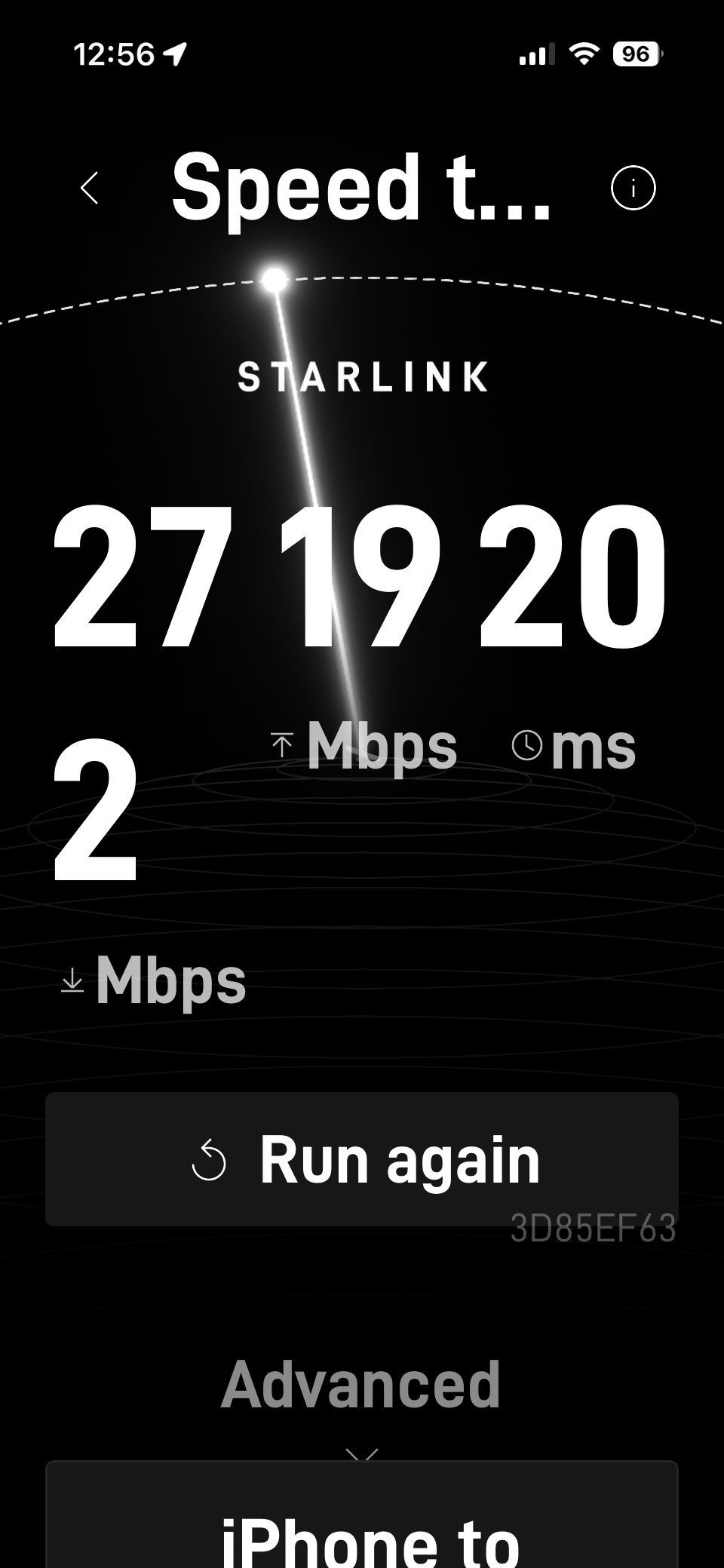Starlink app speed test summary on iPhone showing 2 Mbps download, 19 Mbps upload, and 20 ms latency.