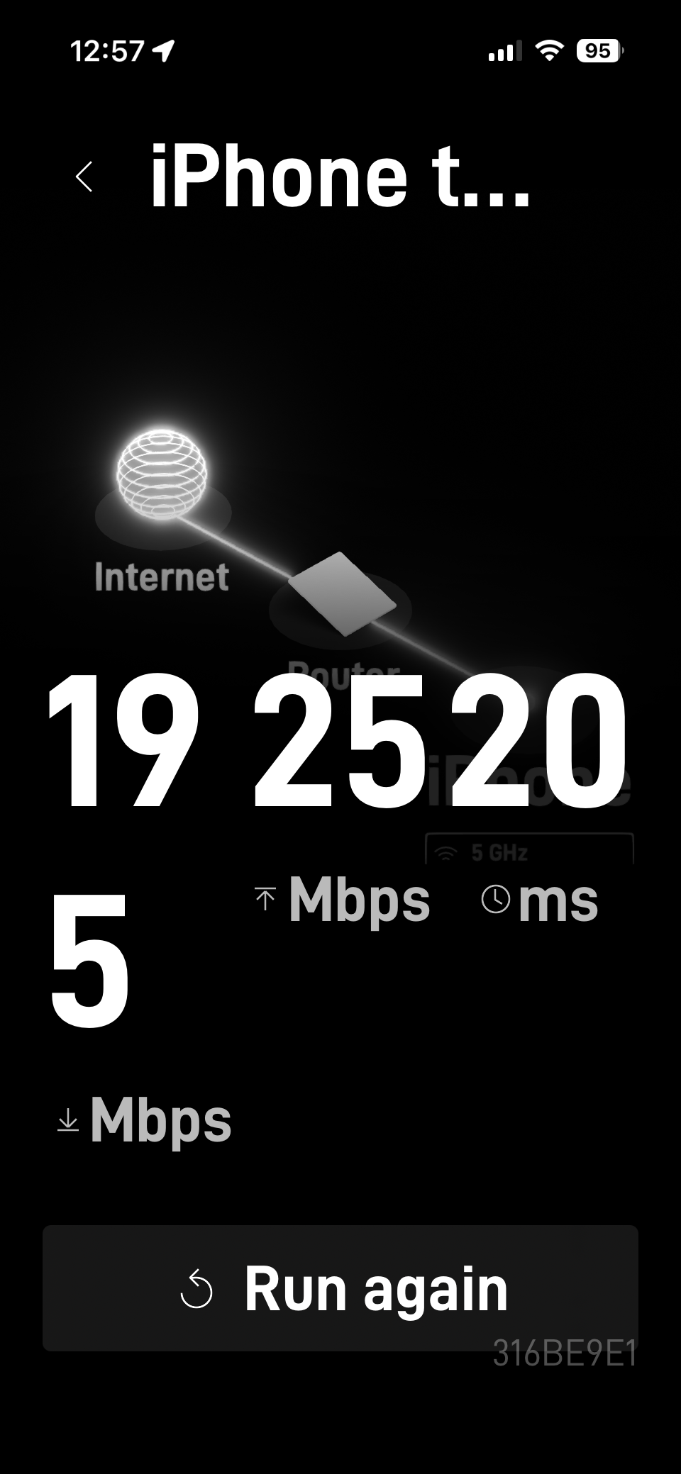 Starlink app iPhone-to-router speed test during a run, showing partial values.